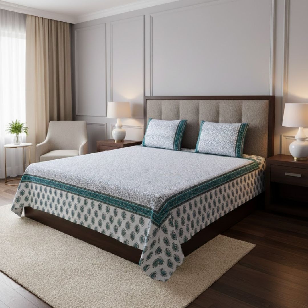The Blue Opulence Hand Block Print Double Bedsheet